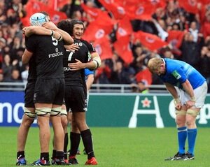 Stade Toulousain players celebrate after last season's semi-final win against Leinster
